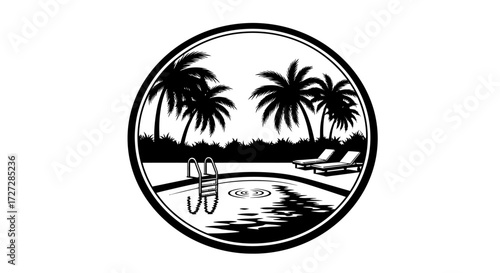 A circular graphic featuring a swimming pool with ladder, two lounge chairs, and palm trees against a background of foliage.
