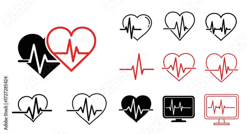 Collection of heart and heartbeat icons, including variations in color, line style, and display screen representation, illustrating cardiac activity.