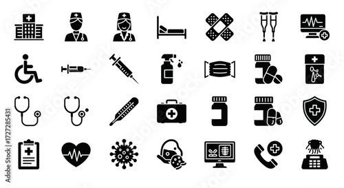 A collection of medical icons depicting hospital, doctor, nurse, bed, bandage, crutches, monitor, wheelchair, syringe, sanitizer, mask, pills, stethoscope, t...