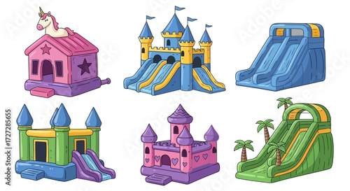 Six colorful inflatable bouncy castles and slides, including a unicorn-themed castle, depicted in a cartoon style against a white background.