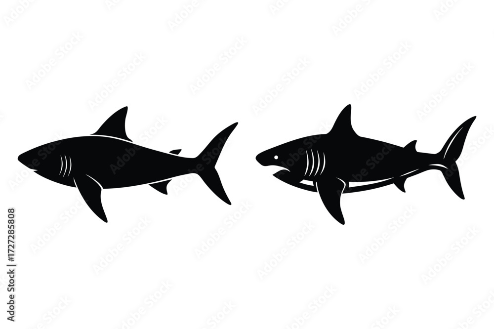 Fototapeta premium Two Black Shark Silhouettes One with Open Mouth on White shark, silhouette, animal