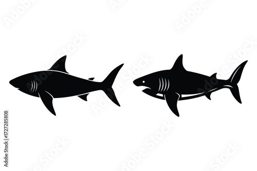 Two Black Shark Silhouettes One with Open Mouth on White shark, silhouette, animal