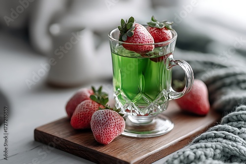 Wallpaper Mural Savoring green tea with strawberries in a cozy home setting, captured in a relaxed atmosphere with natural light for a tranquil food photography shot. Torontodigital.ca