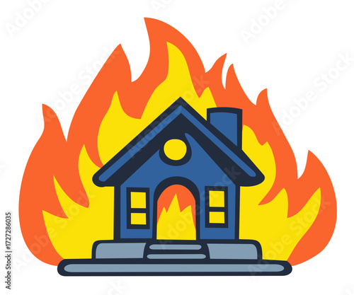 House fire illustration. Editable color vector