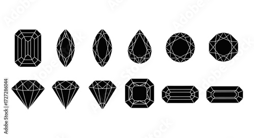 A collection of twelve black gemstone silhouettes, showcasing various diamond cuts and shapes arranged in two rows on a white background.