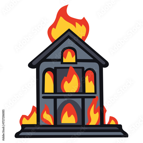 Burning high house on fire illustration. Editable color vector