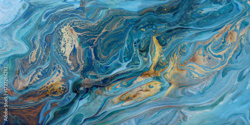 Abstract painting texture in blue azure tones with golden splashes
