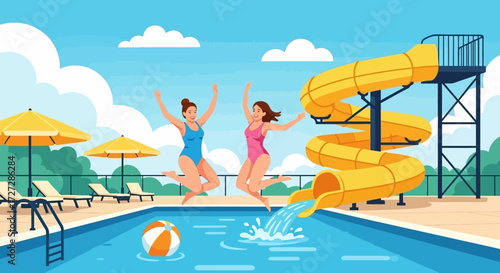 Two women in swimsuits joyfully jump near a pool with a water slide, beach ball, umbrellas, and lounge chairs under a sunny sky.
