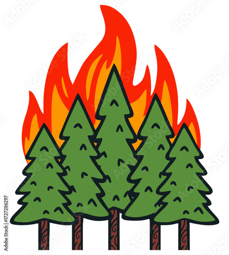 Wildfire trees burning illustration. Editable color vector
