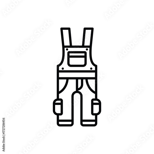 An outline illustration of a pair of overalls with straps a pocket and pockets on each leg