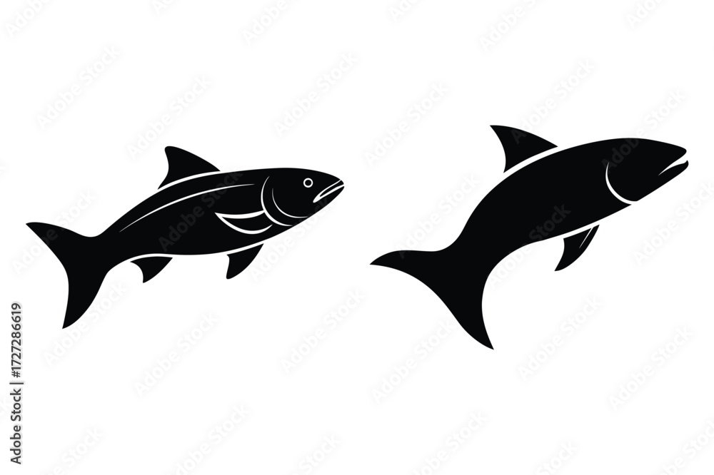 Fototapeta premium Two Black Silhouette Fish Icons Swimming on White Background seafood ocean