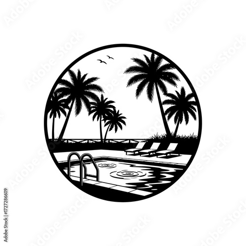 A black and white circular illustration of a tropical beach scene with palm trees, a swimming pool, lounge chairs, and birds in the sky.