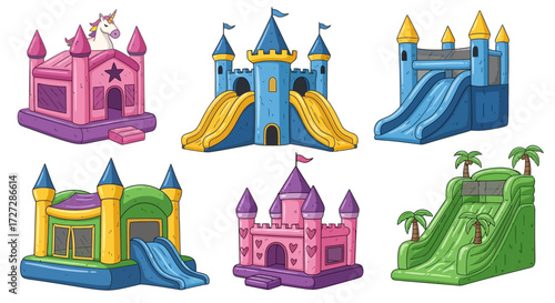Collection of six colorful cartoon bouncy castles and inflatable slides, featuring various designs like castles, unicorns, and palm trees.