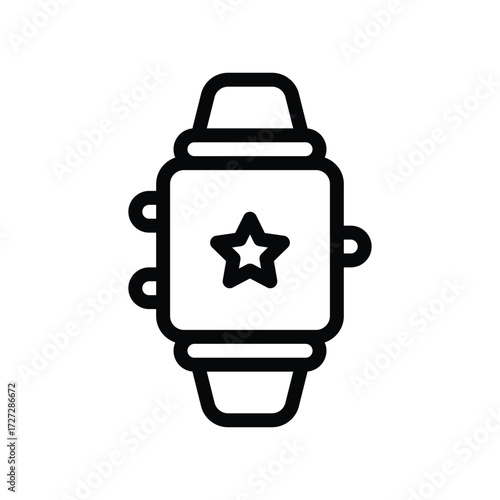 Black outline of a rectangular smartwatch adorned with a star on the screen and curved attachments on the sides