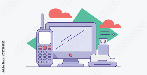 Retro technology devices vector illustration with computer phone and usb drive