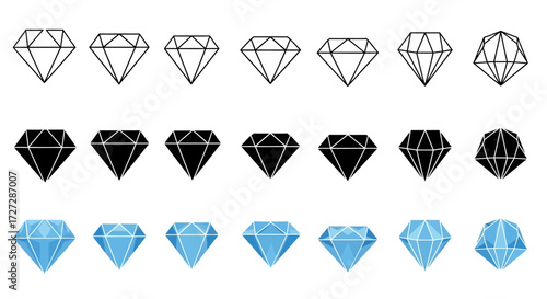 A set of diamond illustrations in three styles: line art, solid black, and blue gradient.