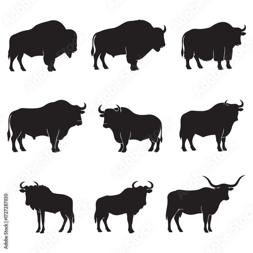 Vector art of collection of bison silhouettes
