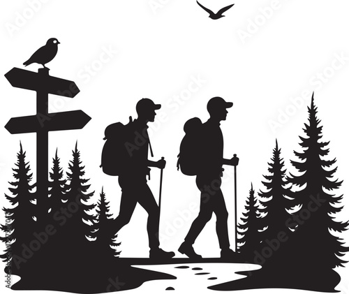 Two hikers with backpacks and poles walk past pine trees and a signpost