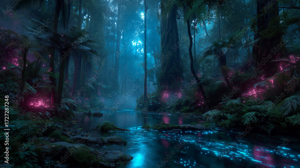 Fototapeta premium A vast river winding through a lush forest filled with towering bioluminescent trees, surreal glowing plants.