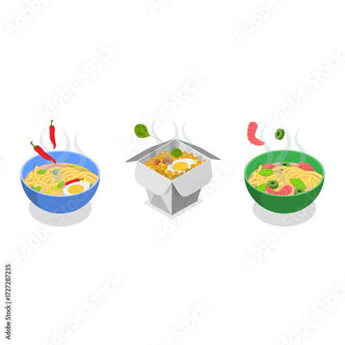 3D Isometric Flat Vector Set of Ramen Bowls, Chinese And Japanese Noodles. Item 1
