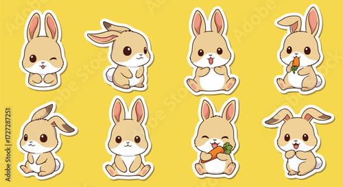 Adobe illustrator artwork vector illustration of a charming white bunny rabbit character in various cute poses and expressions, ideal for Easter, spring themes, and adorable sticker designs