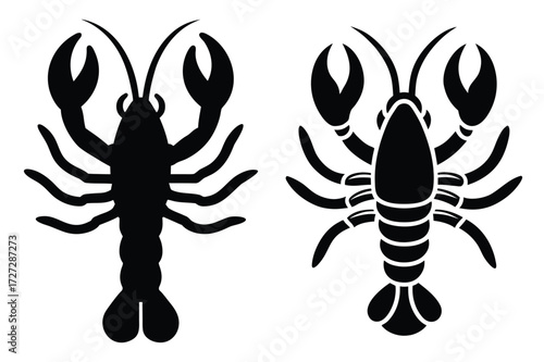 Two Black Silhouette Lobsters Facing Opposite Directions on White lobster, silhouette