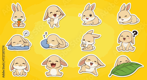 Adobe illustrator artwork vector illustration of a charming white bunny rabbit character in various cute poses and expressions, ideal for Easter, spring themes, and adorable sticker designs