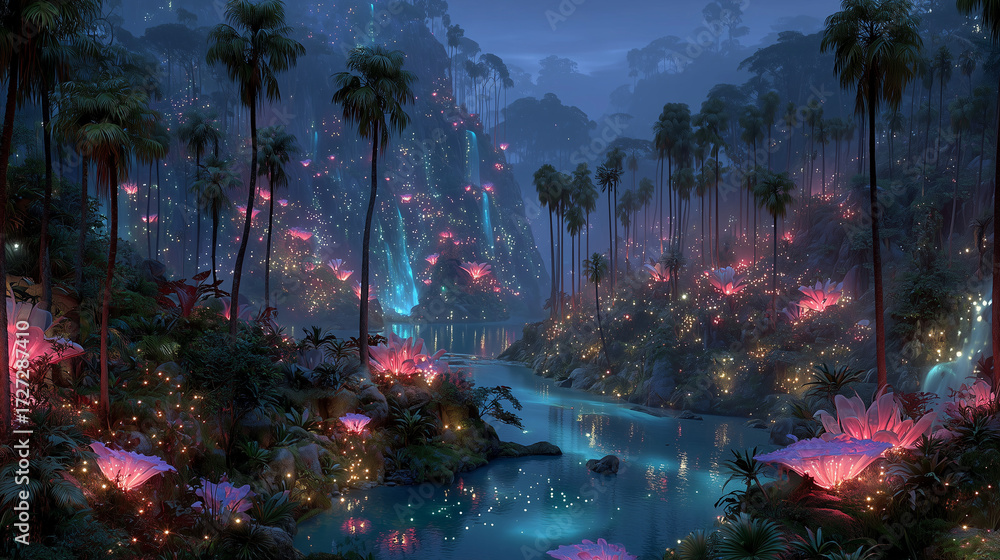 Fototapeta premium Wide shot , Amazing river winding through a lush jungle filled with towering bioluminescent trees, surreal glowing plants.
