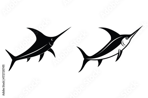Two Black Silhouette Marlin Fish with Detail on White Background marine life animal