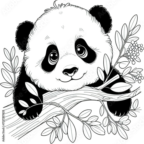 Cute Panda Climbing a Tree Branch Line Art Illustration vector