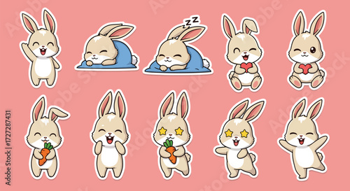 Adobe illustrator artwork vector illustration of a charming white bunny rabbit character in various cute poses and expressions, ideal for Easter, spring themes, and adorable sticker designs
