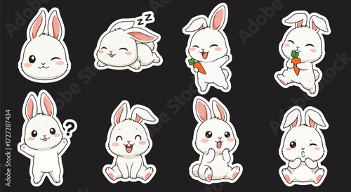 Adobe illustrator artwork vector illustration of a charming white bunny rabbit character in various cute poses and expressions, ideal for Easter, spring themes, and adorable sticker designs