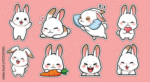 Adobe illustrator artwork vector illustration of a charming white bunny rabbit character in various cute poses and expressions, ideal for Easter, spring themes, and adorable sticker designs