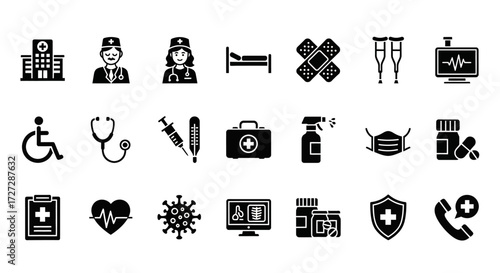 A collection of healthcare-related icons in black silhouette, including a hospital, medical staff, bed, first aid kit, and other medical equipment.
