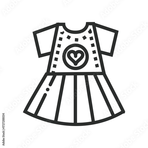 Line art depicting a childrens dress with short sleeves a heart on the bodice and a striped skirt