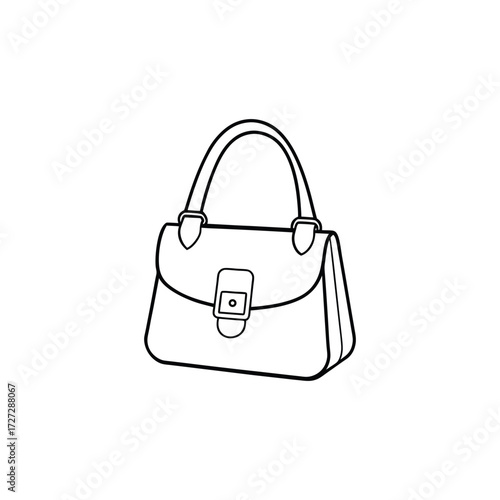 Line art drawing of a purse with a flap and handle
