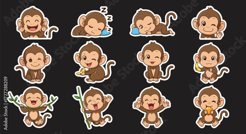 Adobe illustrator artwork vector illustration of a playful monkey character in various cute poses and expressions, ideal for stickers, children's products, and fun designs