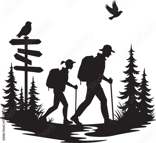 Two hikers with backpacks and poles walking on a path near trees