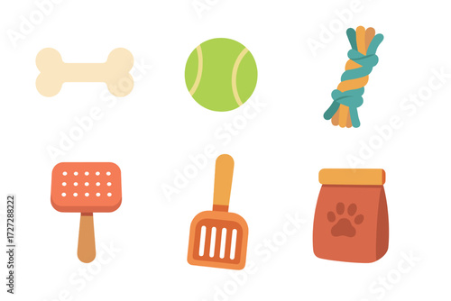 Playful pet accessories including toys and food items for dogs and cats in a cheerful design