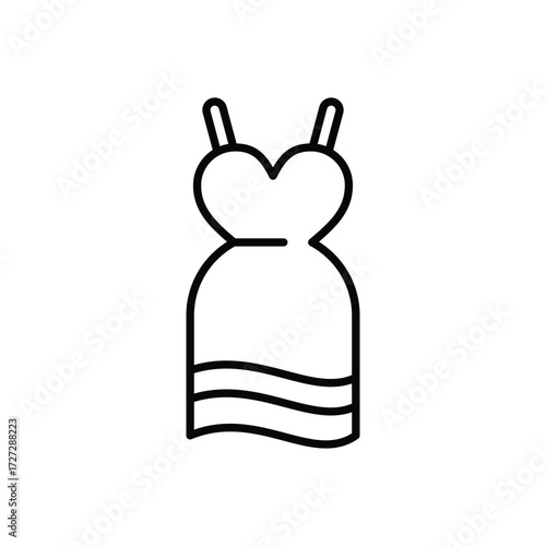 Line drawing of a dress with straps a heartshaped bodice and two curved lines at the hem