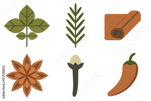 Different types of spices and herbs displayed in a simple, colorful style, highlighting their unique shapes and textures