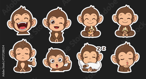 Adobe illustrator artwork vector illustration of a playful monkey character in various cute poses and expressions, ideal for stickers, children's products, and fun designs