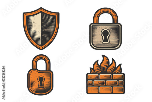 Vintage style security icons featuring a shield and locks with a flame and brick design for protection themes