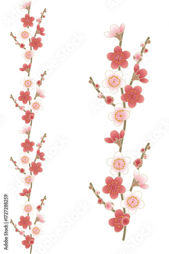 紅白の梅の花が並ぶ和風ライン素材のベクターイラスト｜紅梅, 白梅,梅の花, 縦ライン, 和柄, 正月, 年賀, 春, 和風, 装飾, 花柄