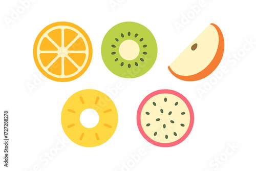 Colorful assortment of fresh fruit slices on a white background showcasing vibrant colors and healthy choices