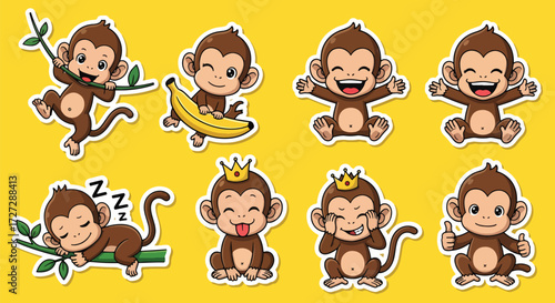 Adobe illustrator artwork vector illustration of a playful monkey character in various cute poses and expressions, ideal for stickers, children's products, and fun designs