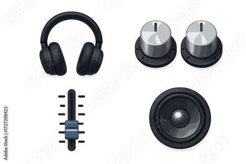 Various audio equipment including headphones, volume knobs, mixing sliders, and a speaker displayed together