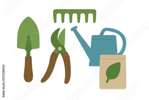 Gardening tools arranged on a white background for planting and gardening activities