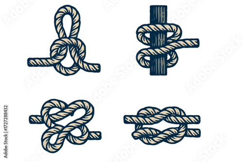 Different types of knots used for various purposes in outdoor activities and sailing practices
