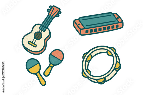 Colorful musical instruments such as a guitar, harmonica, maracas, and tambourine arranged on a white background